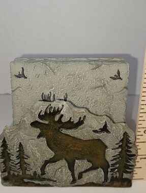 Rustic Moose Decorative Coaster Set Of 4 In Holder. Cork Backs, Cabin Core Decor